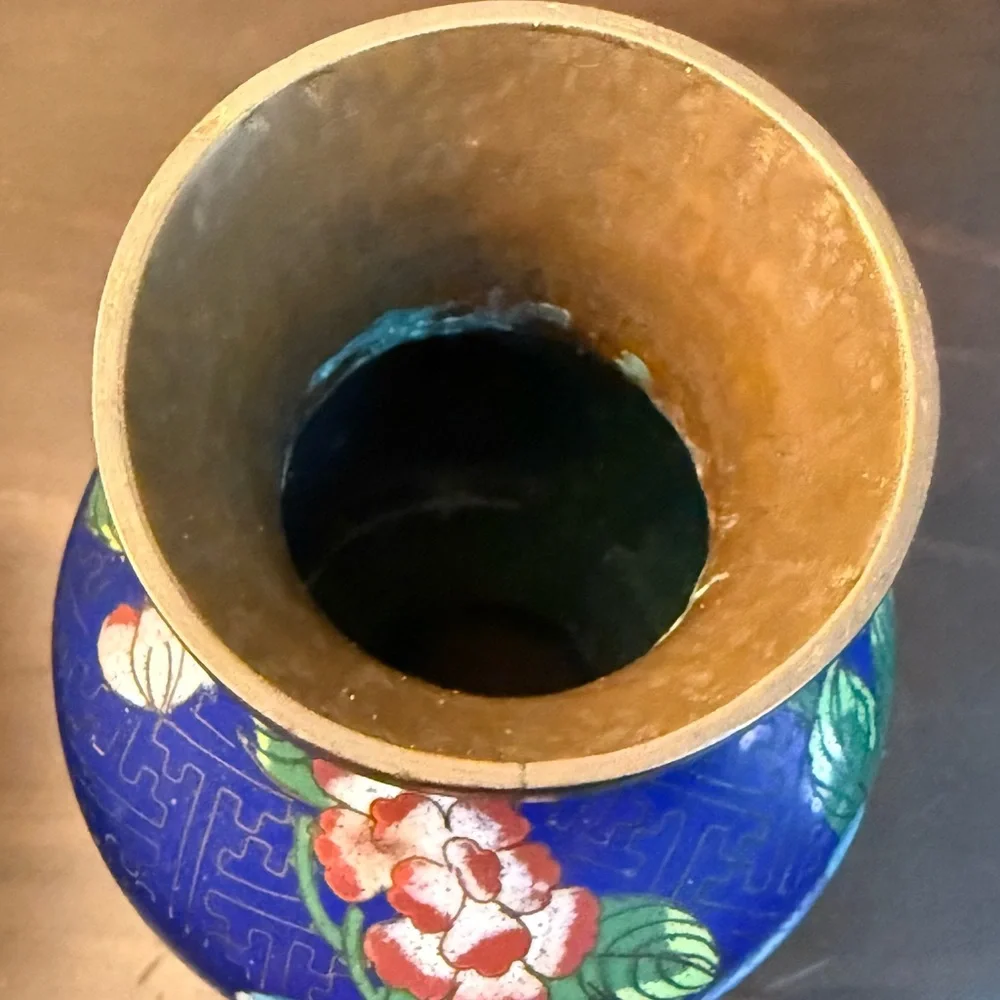 Vintage Blue Cloisonné Floral Vase with Carved Wood Base - Picture 6 of 11